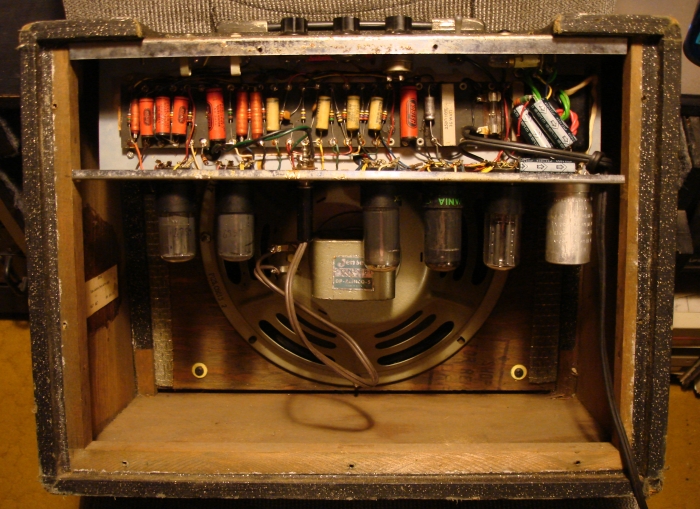 Figure 4 - Giulietti tube amplifier back open with filter caps replaced
