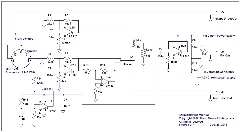 Figure 9 - Schematic for the Bellplank preamp and mixer.